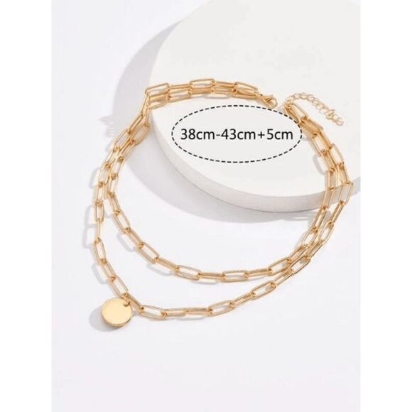 GOLD PLATED LAYERED LINK NECKLACE WITH HANGING ROUND CHARM - Picture 4 of 5